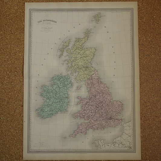 Oude landkaart van GROOT BRITTANIË en IERLAND Britse Eilanden Grote antieke Franse landkaart vintage poster