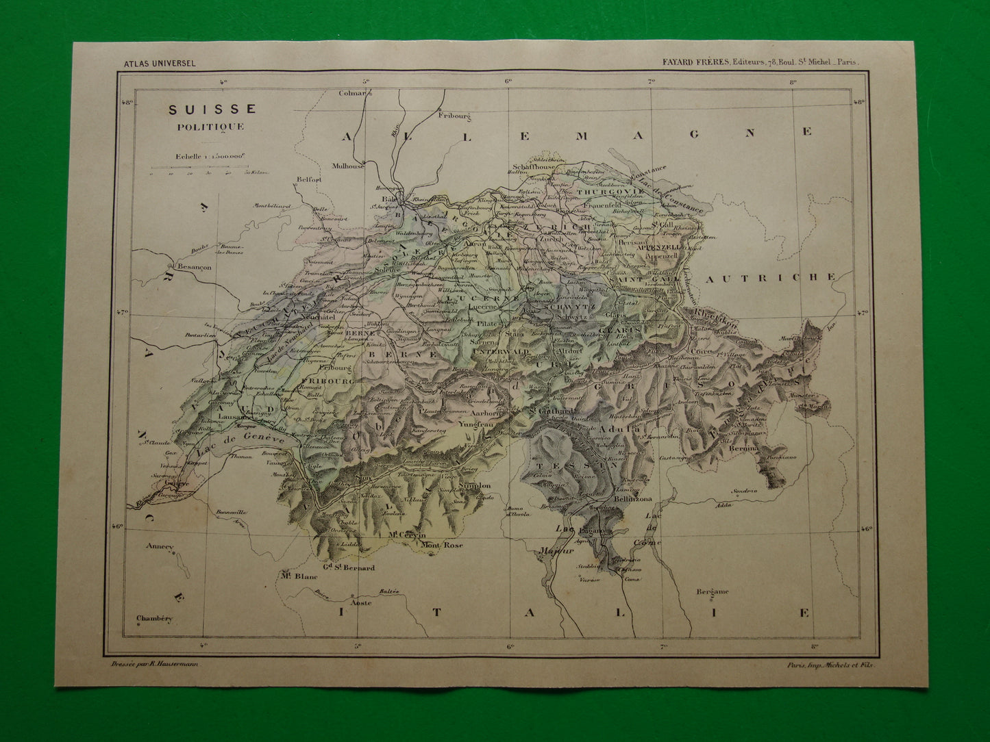 SWITZERLAND old map of Switzerland from the year 1896 original hand-colored antique map historical print Switzerland