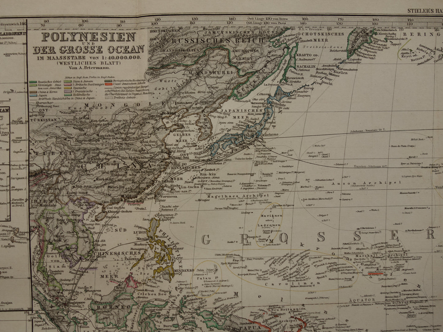 Old map of the Pacific Ocean in 1885 original antique map Australia Polynesia Indonesia Asia vintage print Pacific Ocean Pacific