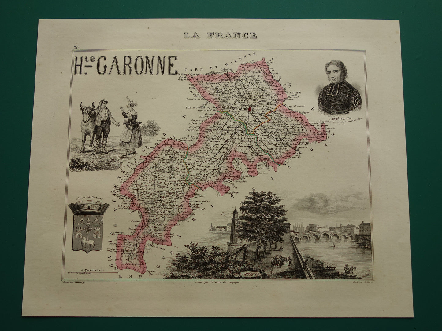 Old map Haute-Garonne department in France from 1851 original antique hand-colored map Toulouse