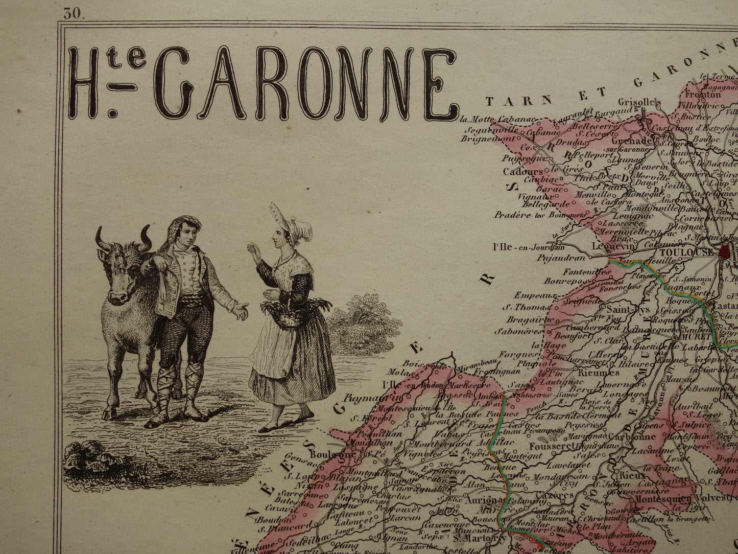 Old map Haute-Garonne department in France from 1851 original antique hand-colored map Toulouse