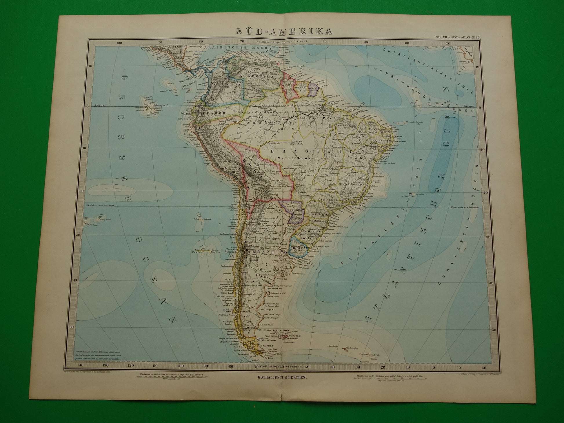 ZUID-AMERIKA vintage landkaart uit 1885 van continent Originele oude antieke kaart met jaartal historische kaarten van Zuid-Amerika