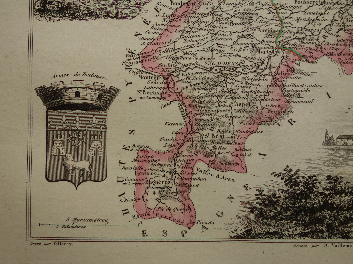 Old map Haute-Garonne department in France from 1851 original antique hand-colored map Toulouse