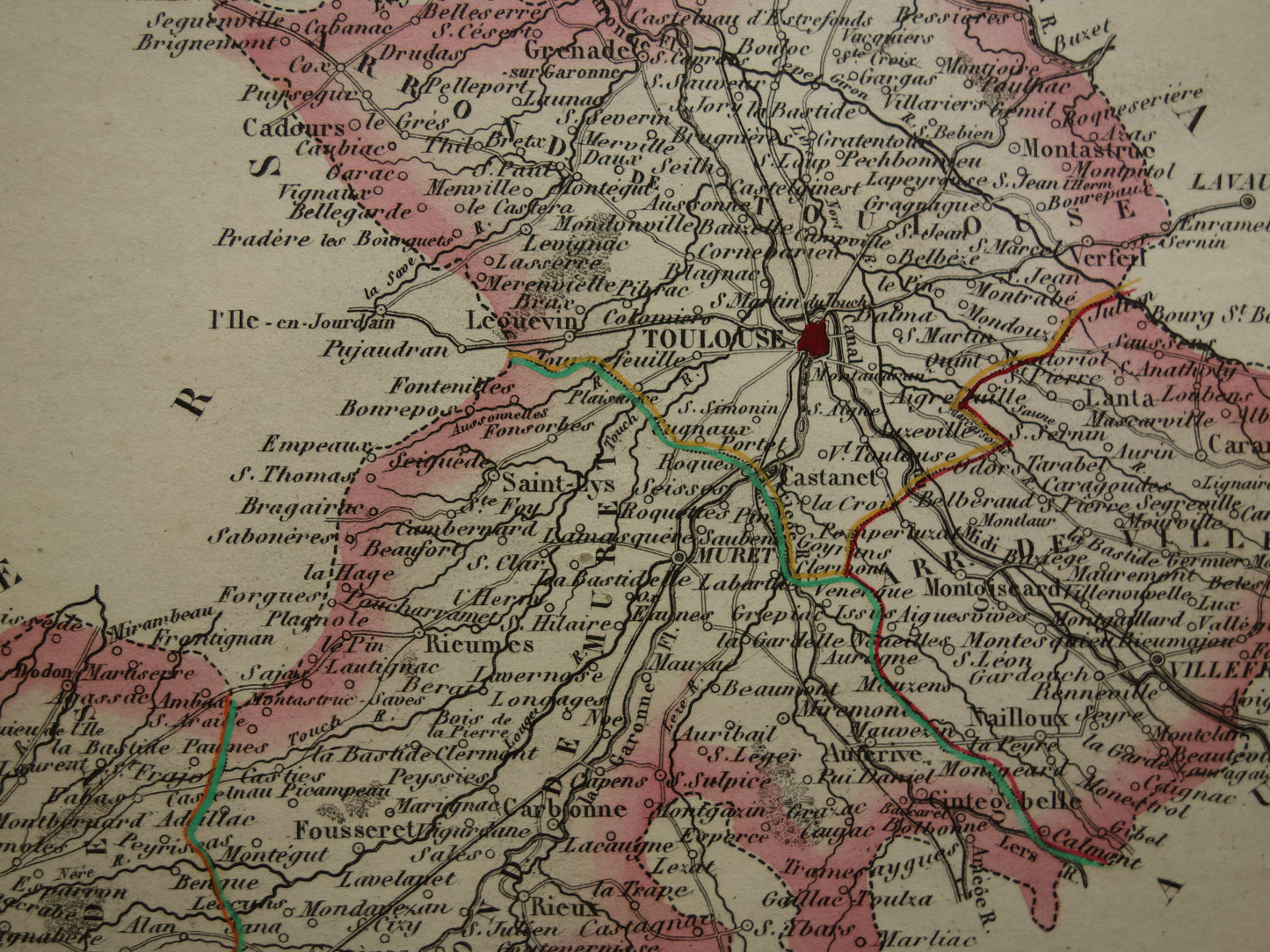 Old map Haute-Garonne department in France from 1851 original antique hand-colored map Toulouse