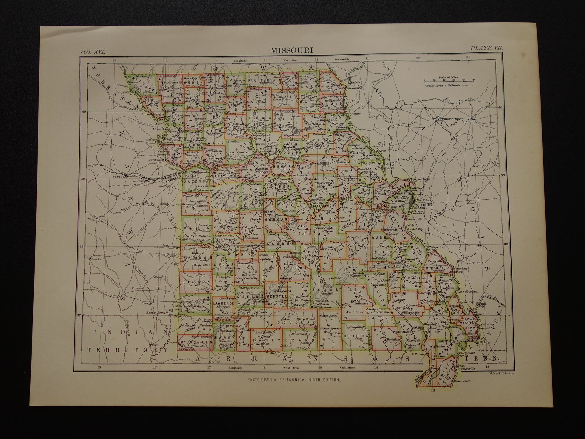 MISSOURI Antieke kaart van de staat Missouri 1883 originele oude kaart Kansas City Saint Louis VS te koop Verenigde Staten