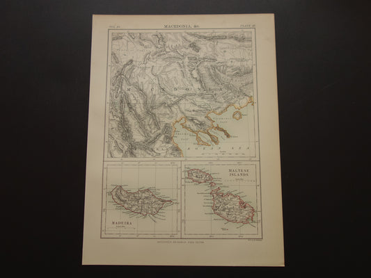 MACEDONIË oude kaart van Macedonie Madeira en Malta uit 1883 Originele antieke kaarten Gedetailleerde vintage landkaart