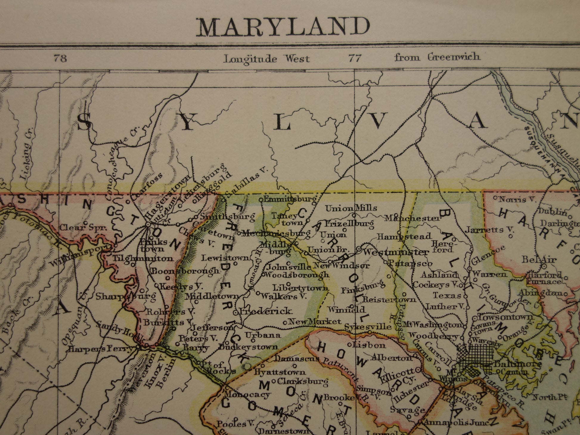 MARYLAND Oude kaart van de staat Maryland1883 originele antieke kaart Baltimore Columbia Washington vintage kaarten van Verenigde Staten