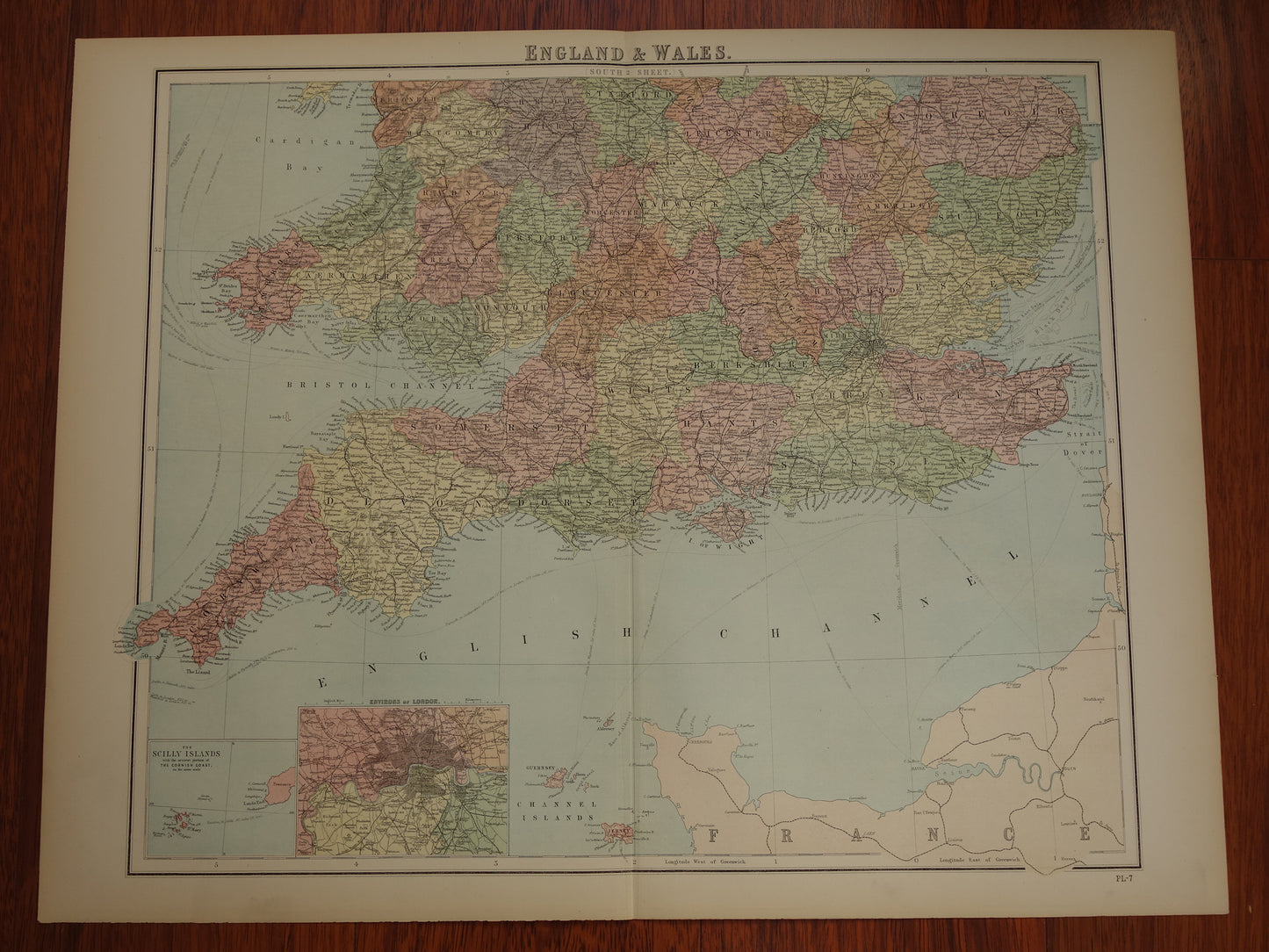 ENGELAND Vintage kaart van zuid-Engeland en Wales Scilly eilanden 1875 originele oude antieke grote landkaart