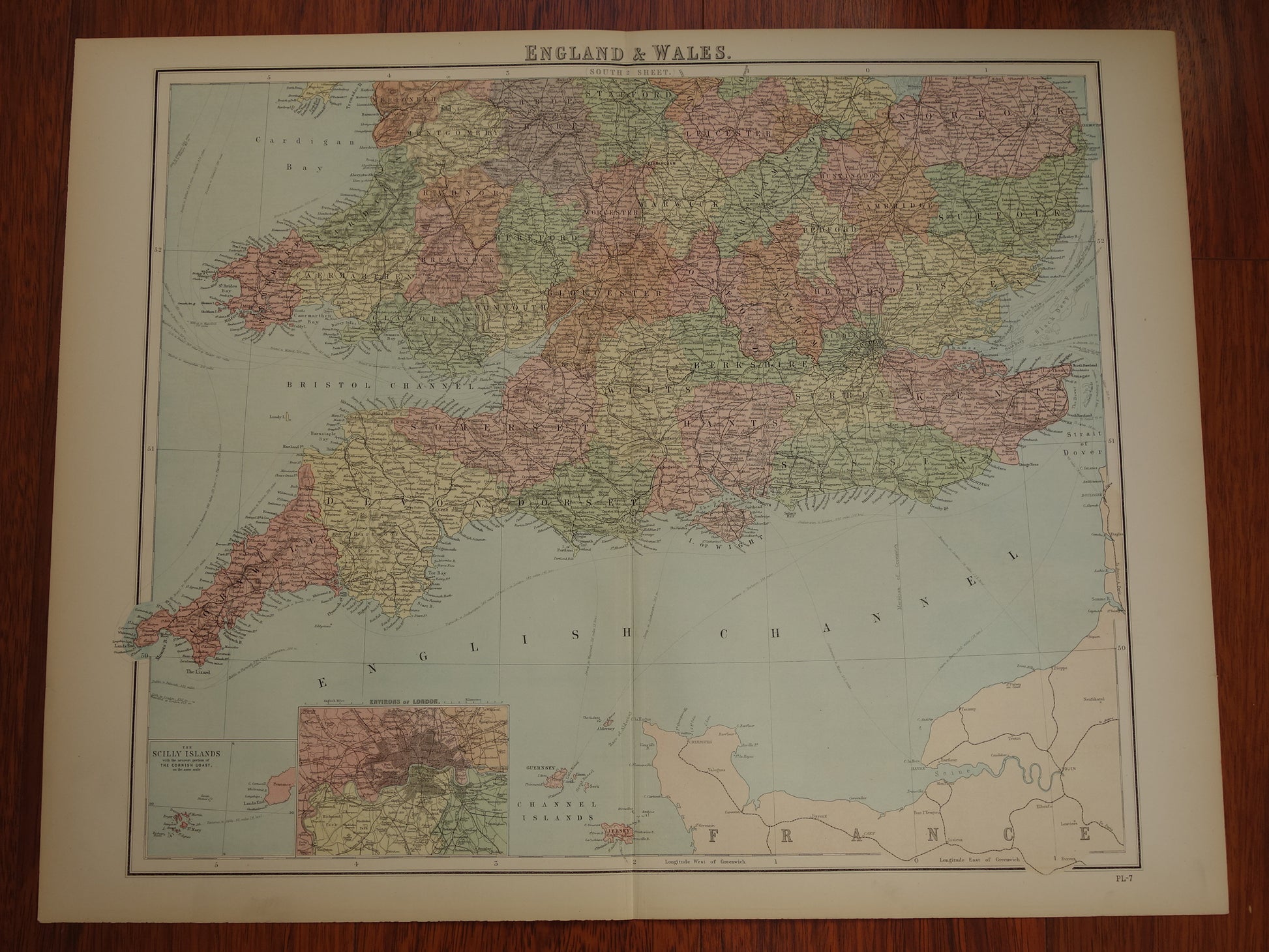 ENGELAND Vintage kaart van zuid-Engeland en Wales Scilly eilanden 1875 originele oude antieke grote landkaart