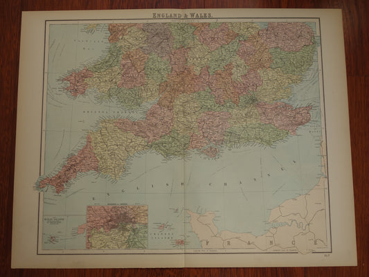 ENGELAND Vintage kaart van zuid-Engeland en Wales Scilly eilanden 1875 originele oude antieke grote landkaart