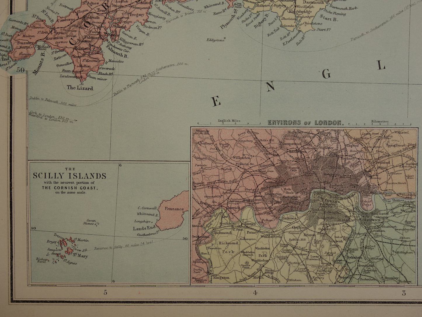 ENGLAND Vintage map of southern England and Wales Isles of Scilly 1875 original old antique large map