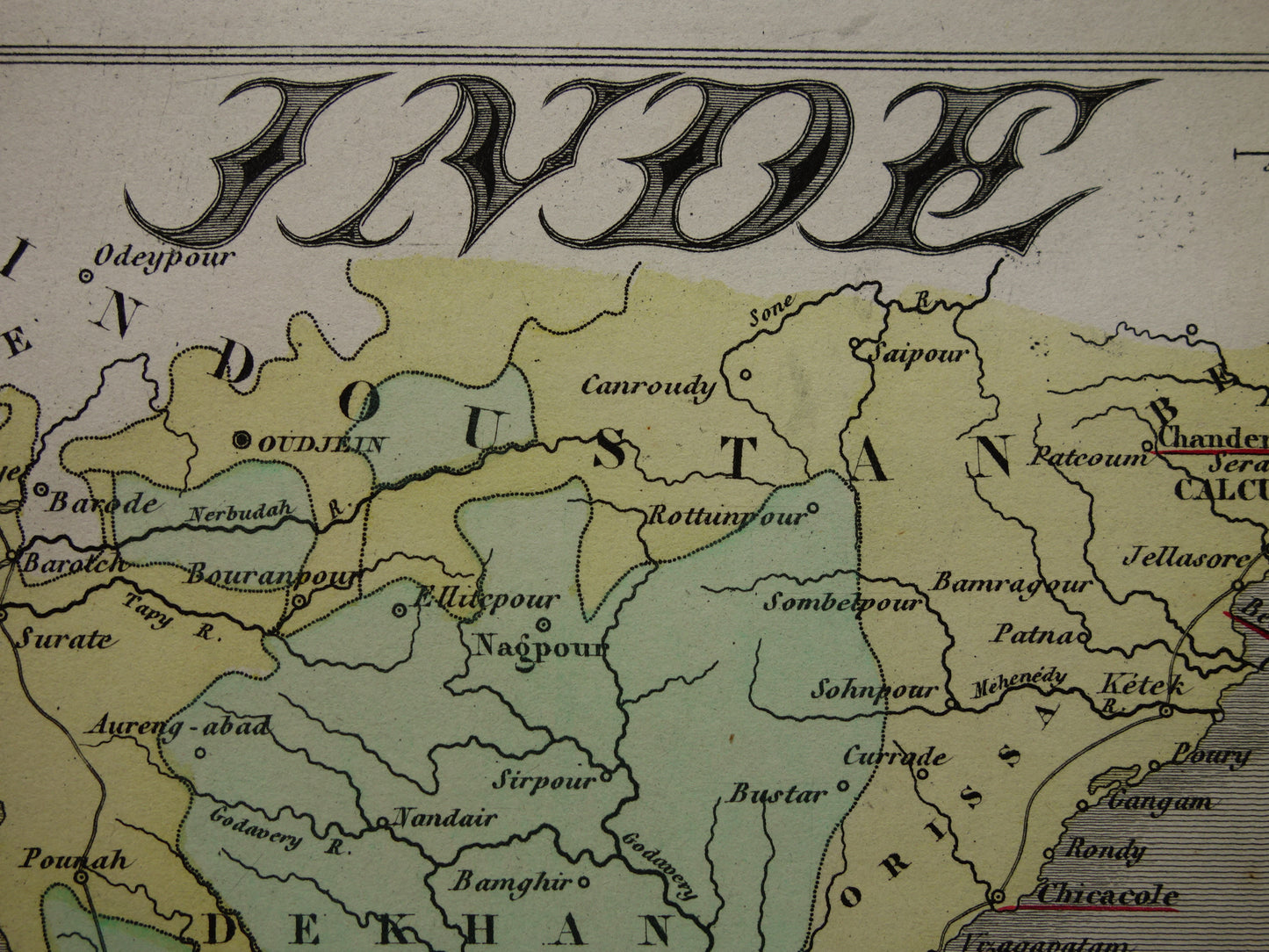 INDIA oude kaart 1872 originele antieke Franse handgekleurde landkaart van India met Franse koloniale bezittingen