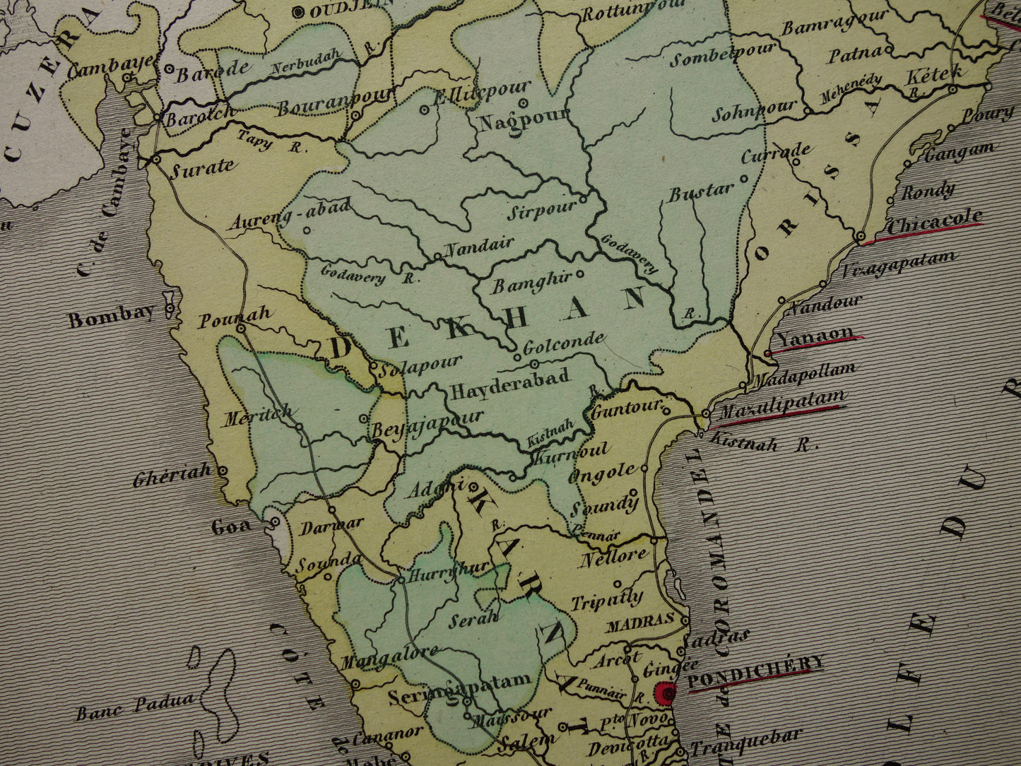 INDIA oude kaart 1872 originele antieke Franse handgekleurde landkaart van India met Franse koloniale bezittingen