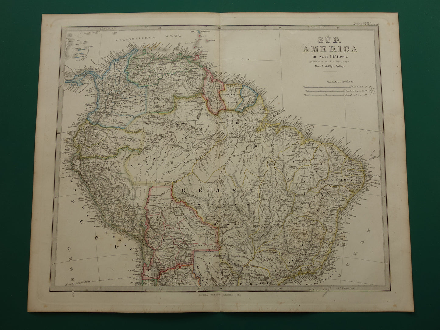 SOUTH AMERICA old map of Brazil Suriname Peru Bolivia Ecuador Colombia Venezuela large antique vintage map from 1868