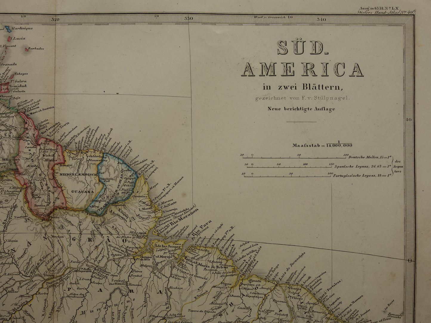 SOUTH AMERICA old map of Brazil Suriname Peru Bolivia Ecuador Colombia Venezuela large antique vintage map from 1868
