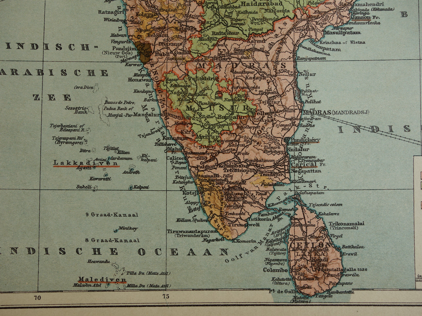 Alte Karte von Indien aus dem Jahr 1910, originale historische Karte von Indien, Madras, Bombay, Mumbai