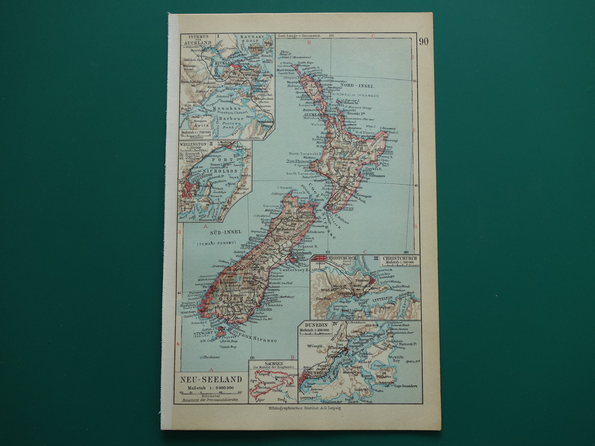 Oude landkaart van Nieuw-Zeeland uit 1931 originele vintage kaart Nieuw-Zeeland Dunedin Christchurch Auckland Wellington - antieke landkaarten