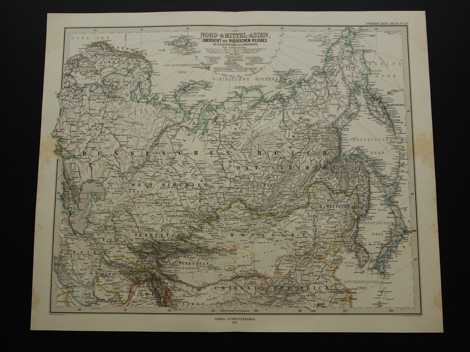 RUSLAND oude kaart van Russische Rijk Gedetailleerde antieke landkaart Europees en Aziatisch Rusland met jaartal - vintage poster Siberië 1875