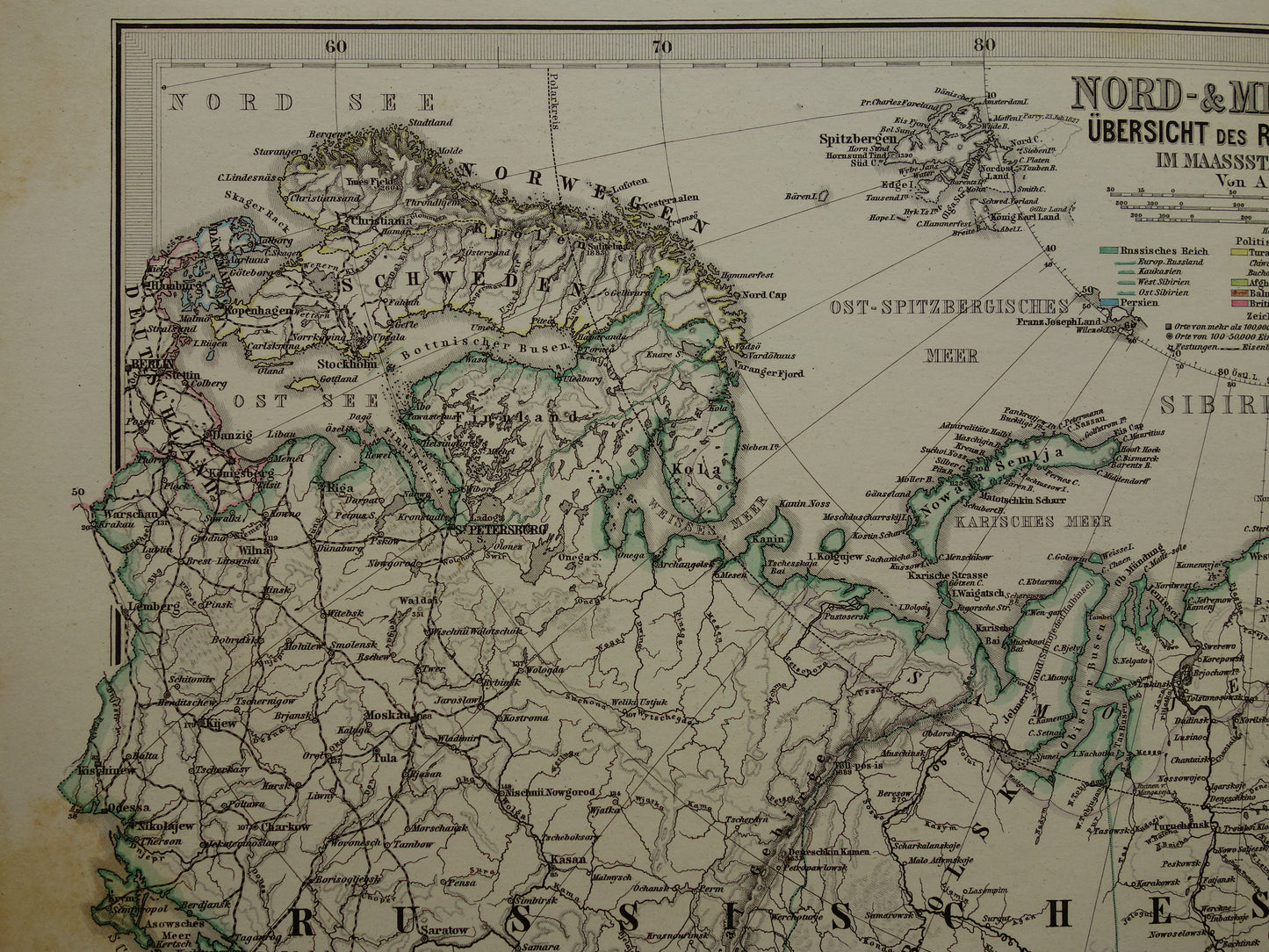 RUSSIA old map of Russian Empire Detailed antique map European and Asian Russia with date - vintage poster Siberia 1875