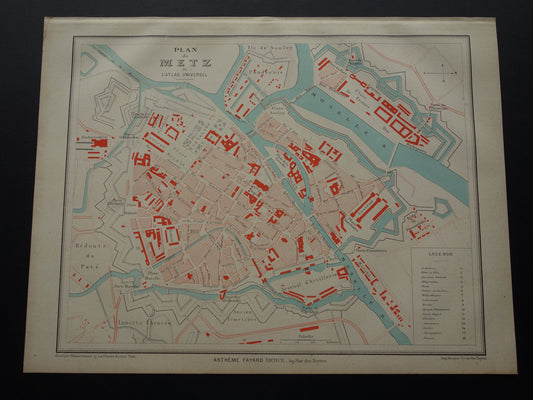 METZ oude kaart van Metz Frankrijk uit 1879 originele antieke Franse plattegrond