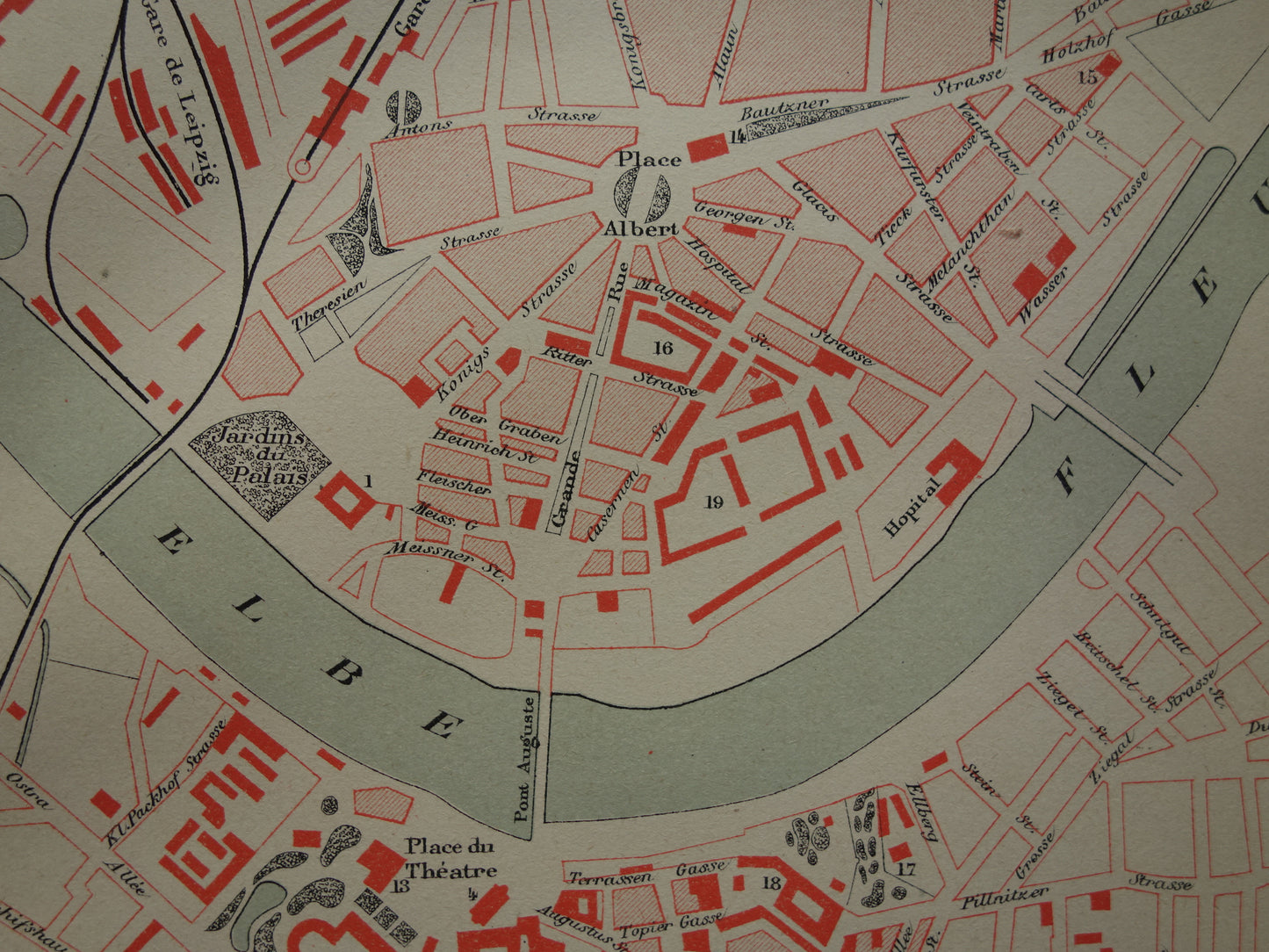 DRESDEN oude kaart van Dresden Duitsland uit 1879 originele antieke Franse plattegrond