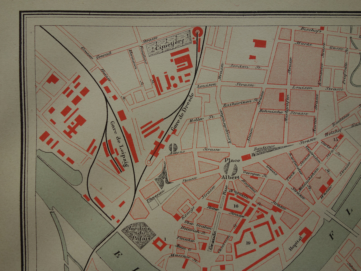 DRESDEN oude kaart van Dresden Duitsland uit 1879 originele antieke Franse plattegrond