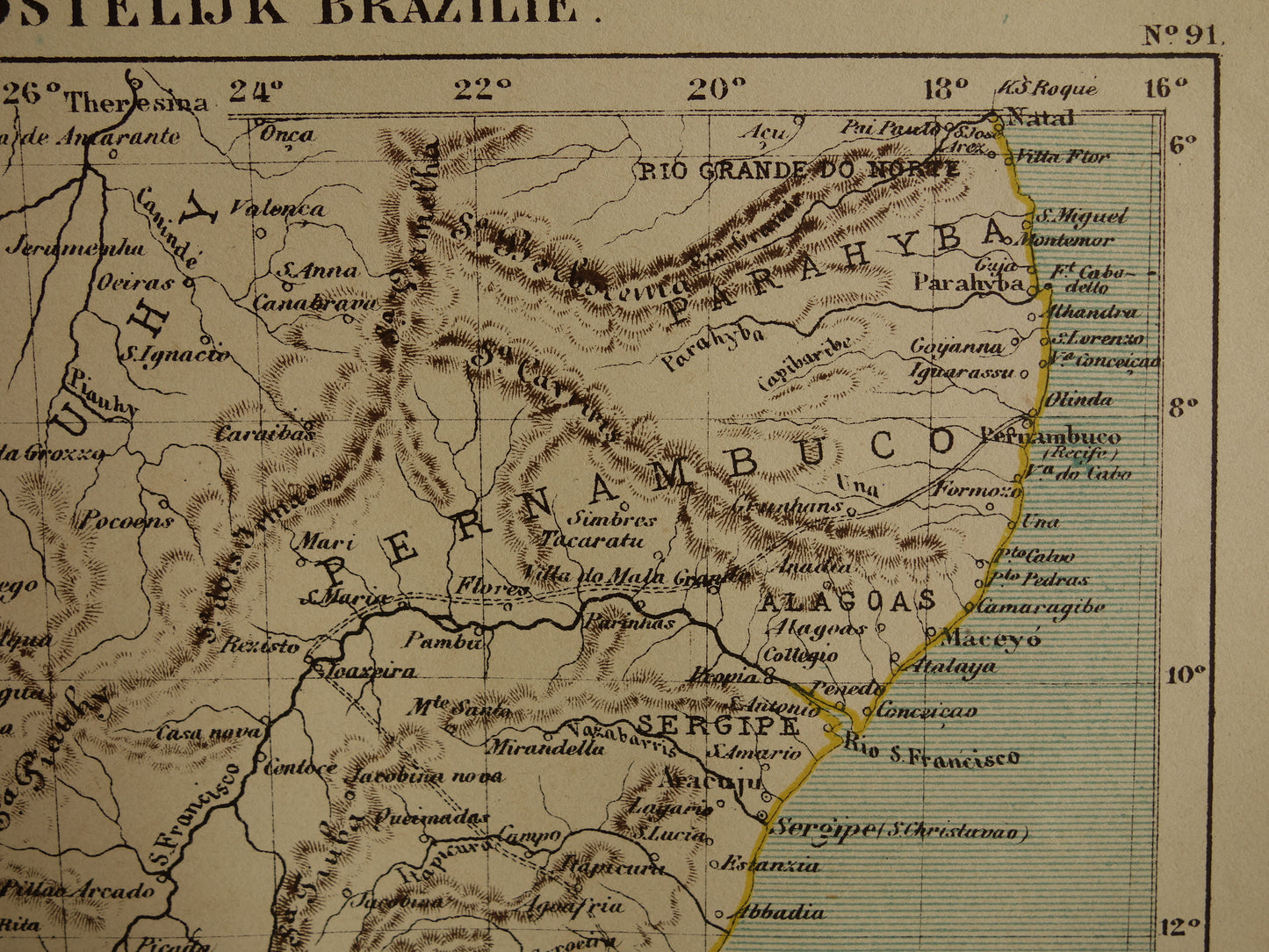 Brazilië oude landkaart oost Brazilië originele antieke Kuyper kaart uit 1882 vintage kaarten Rio de Janeiro Natal