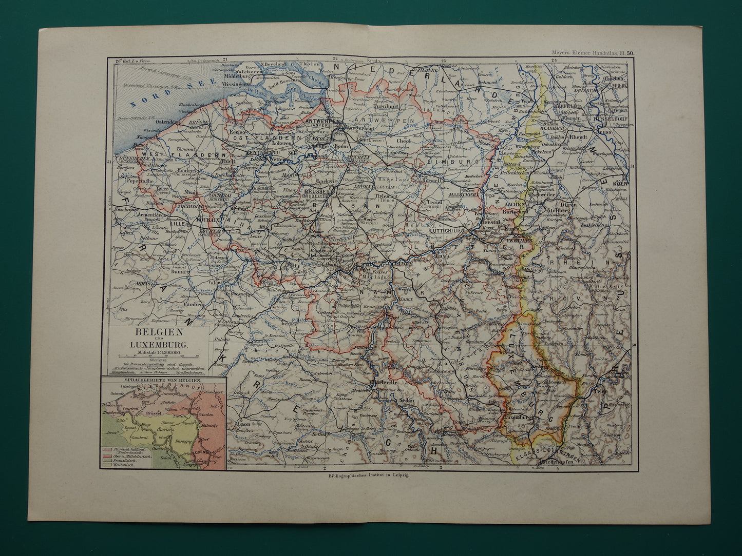 BELGIË oude kaart van België 1893 originele antieke Duitse gedetailleerde landkaart taalgrens
