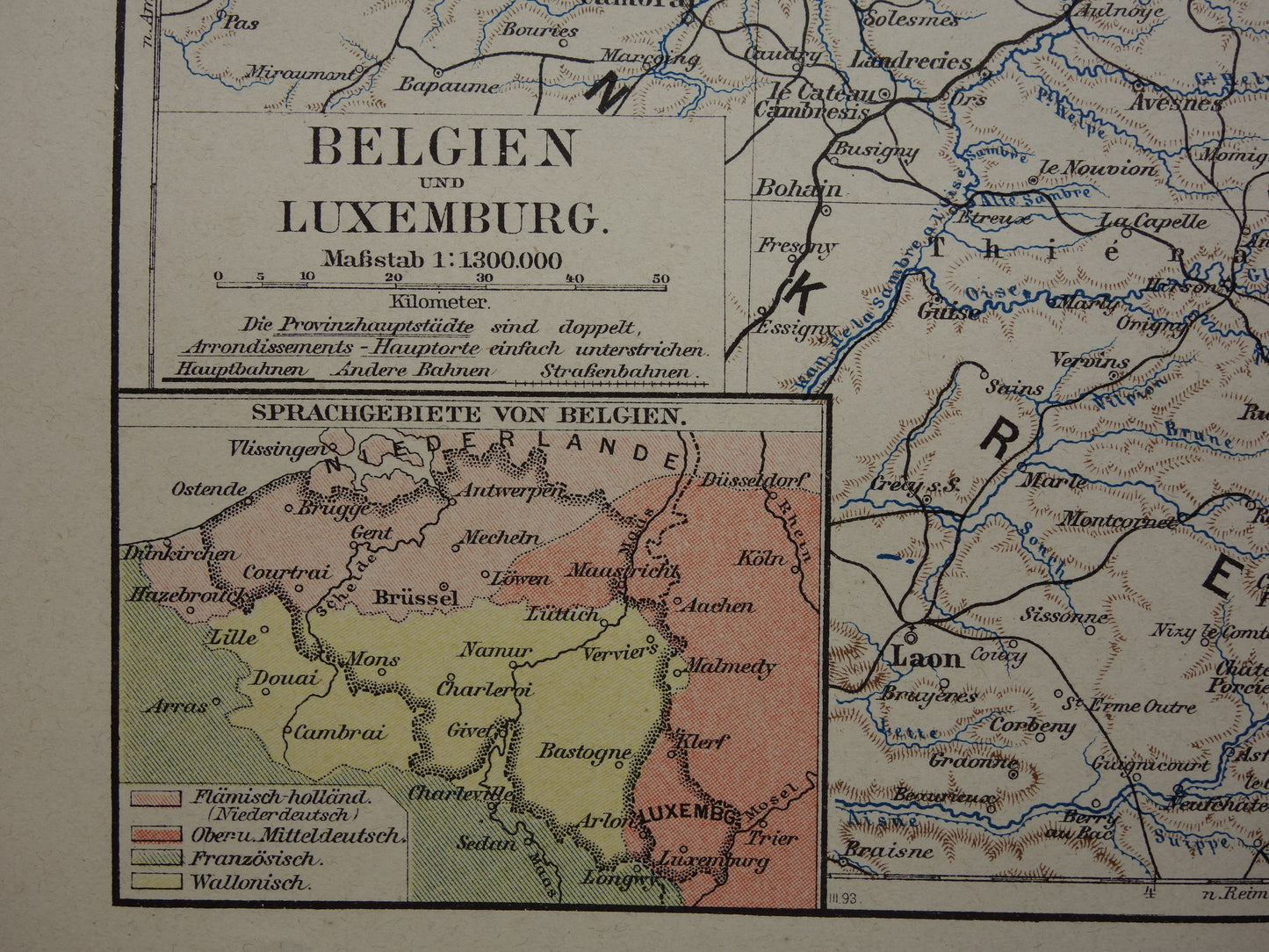 BELGIUM old map of Belgium 1893 original antique German detailed map language border
