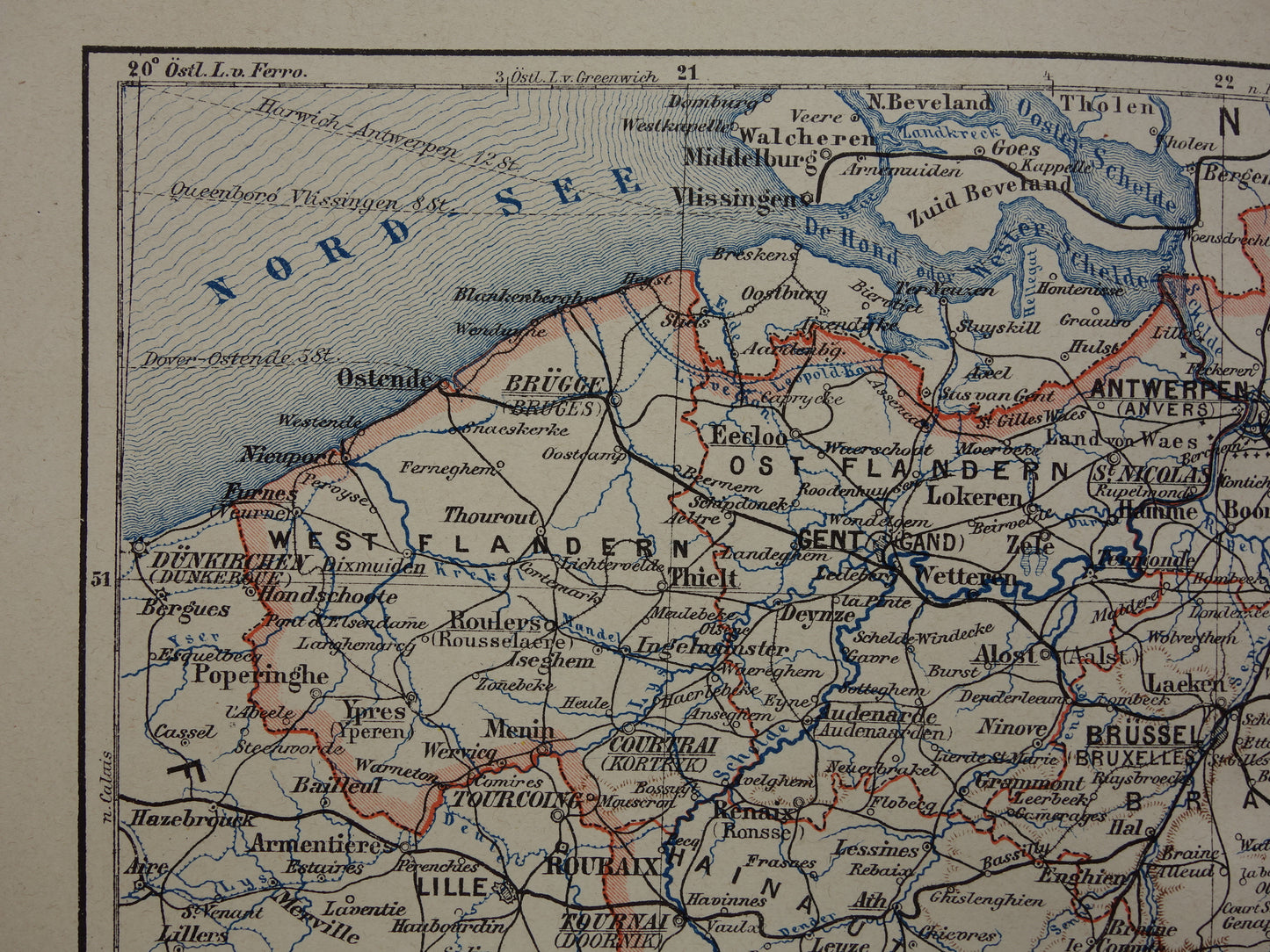 BELGIUM old map of Belgium 1893 original antique German detailed map language border