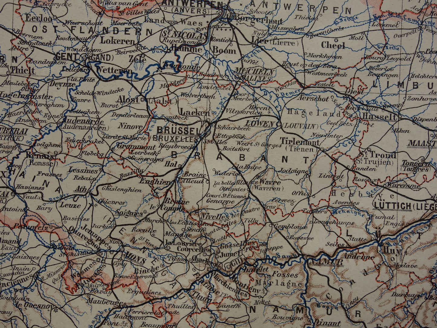 BELGIUM old map of Belgium 1893 original antique German detailed map language border
