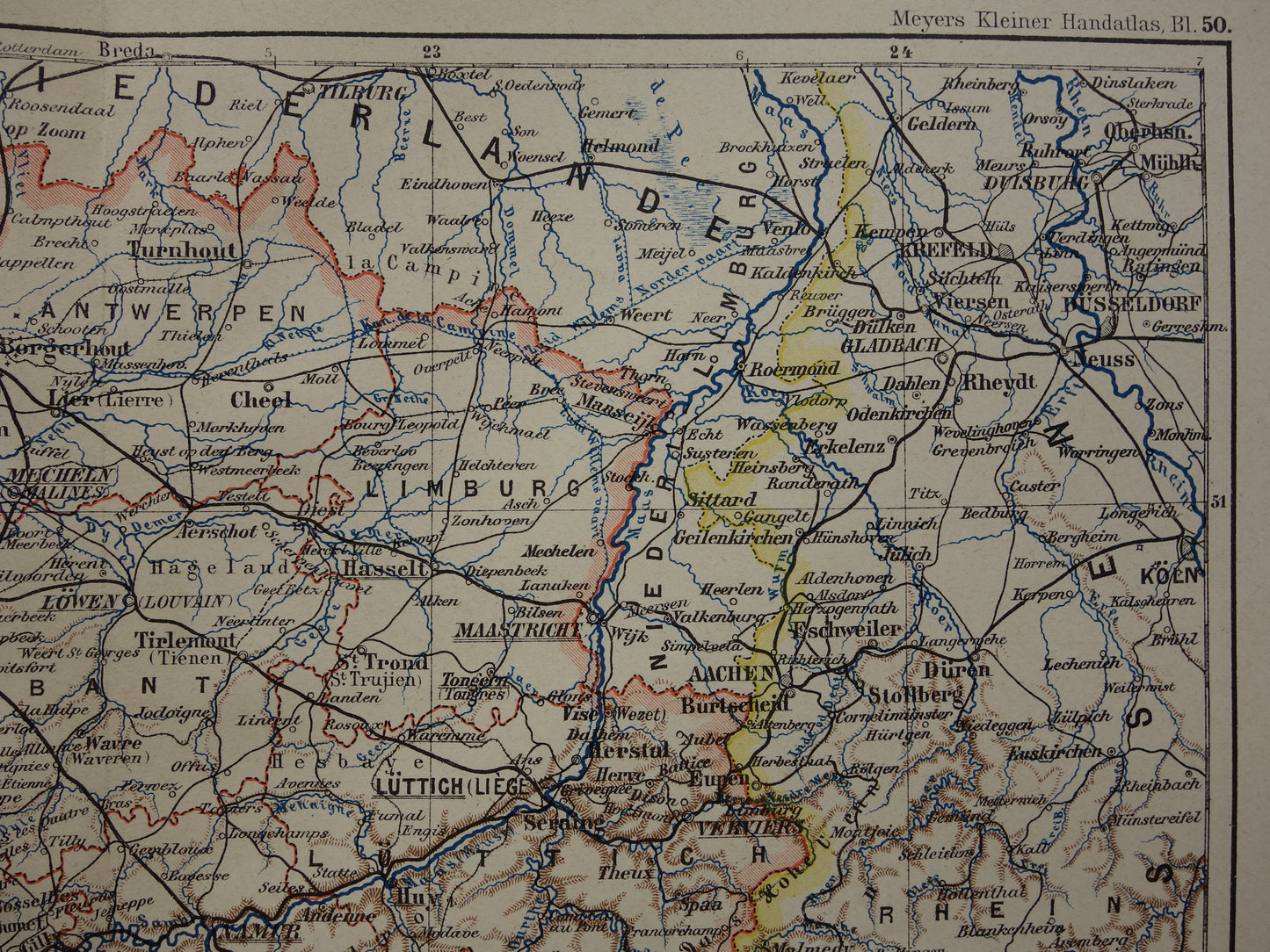 BELGIUM old map of Belgium 1893 original antique German detailed map language border