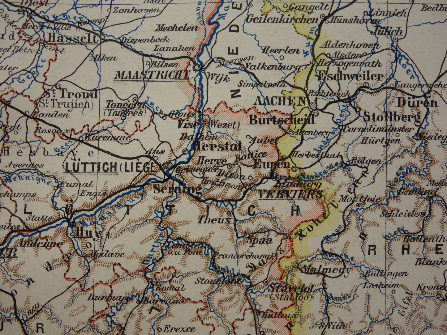 BELGIUM old map of Belgium 1893 original antique German detailed map language border