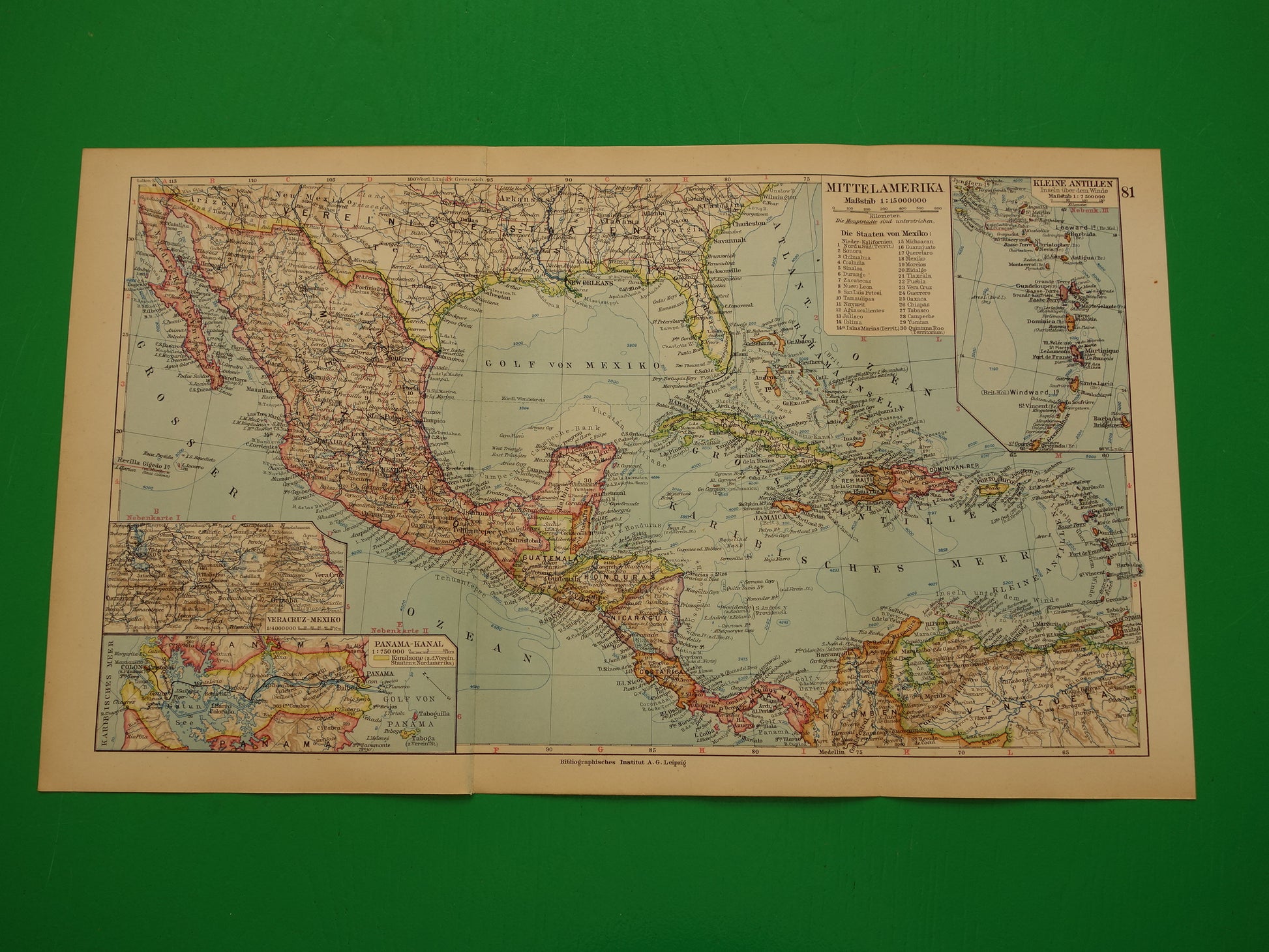 Oude landkaart van Midden-Amerika uit 1931 originele vintage kaart Mexico Panamakanaal Antillen Caribisch / Caraïbisch gebied