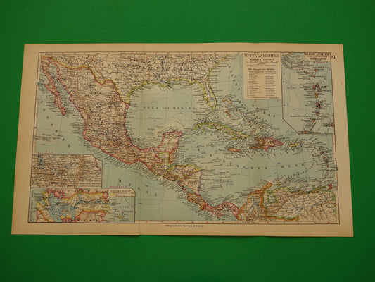 Oude landkaart van Midden-Amerika uit 1931 originele vintage kaart Mexico Panamakanaal Antillen Caribisch / Caraïbisch gebied