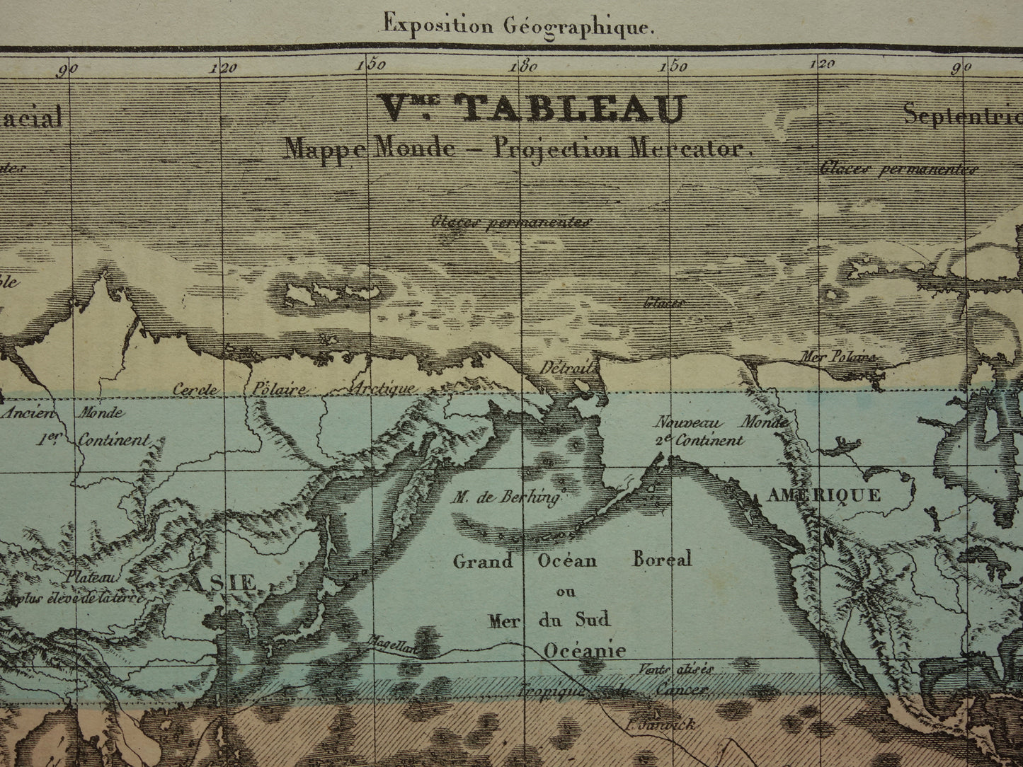 Old World Map from 1877 original antique French map of the world in Mercator projection