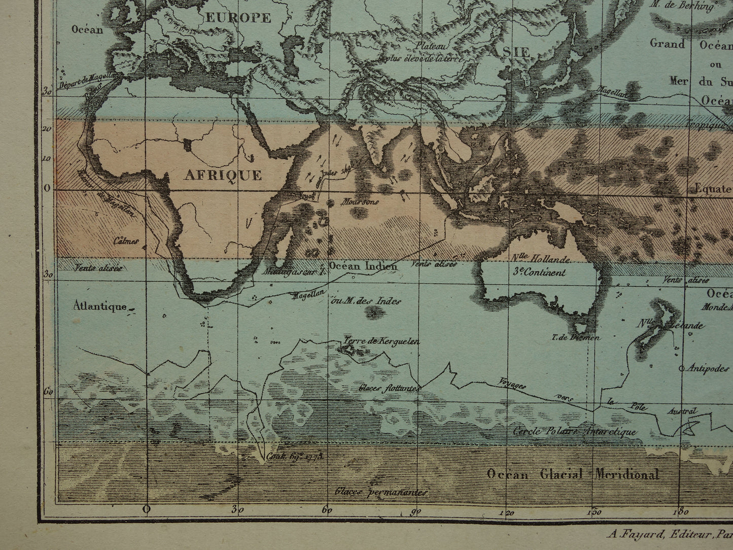 Old World Map from 1877 original antique French map of the world in Mercator projection