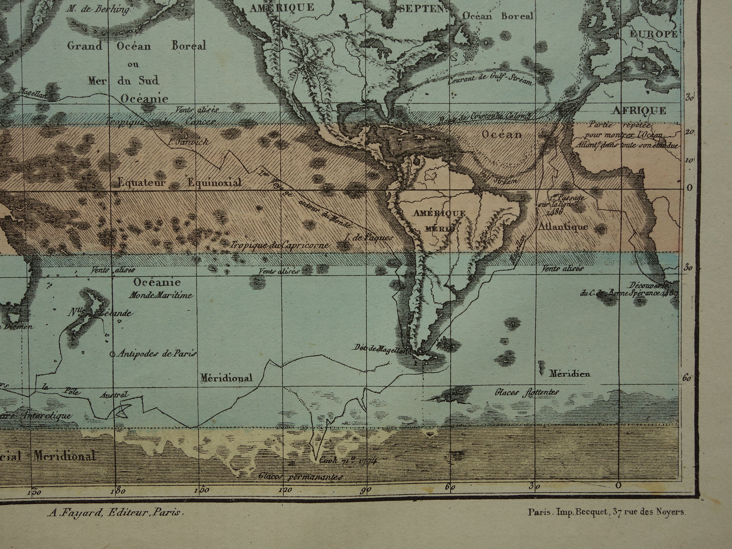 Old World Map from 1877 original antique French map of the world in Mercator projection