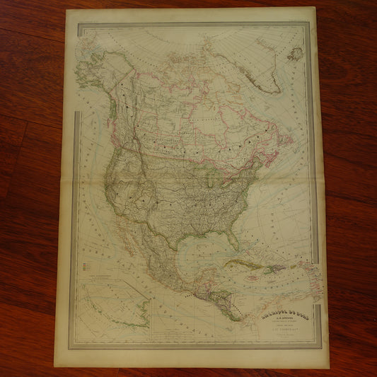 NOORD-AMERIKA grote oude kaart van VS Canada Mexico 140+ jaar oude landkaart van continent uit 1880 (circa) - originele vintage historische kaarten