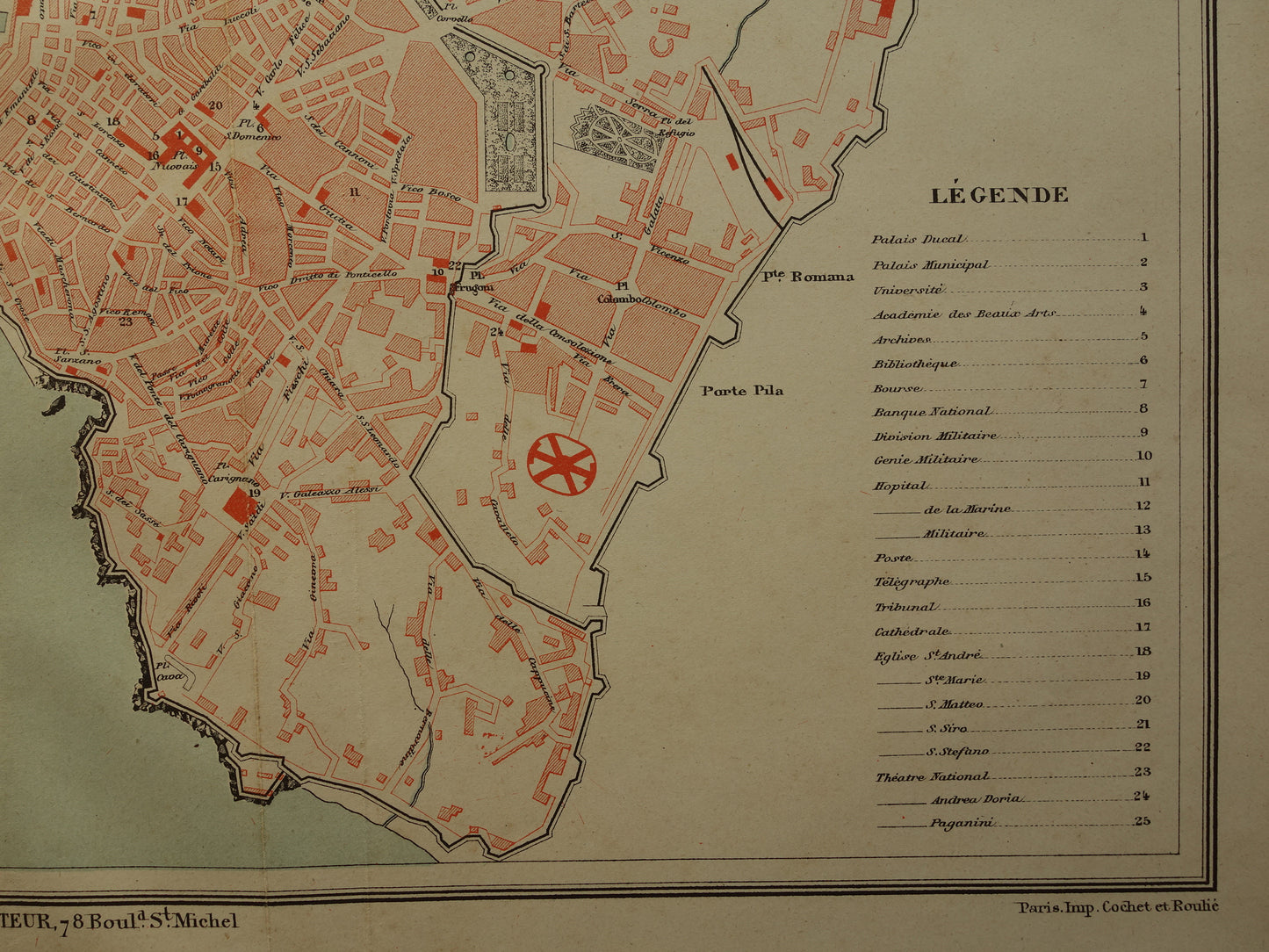 GENOA antique map of Genoa Italy from 1879 original old vintage French map