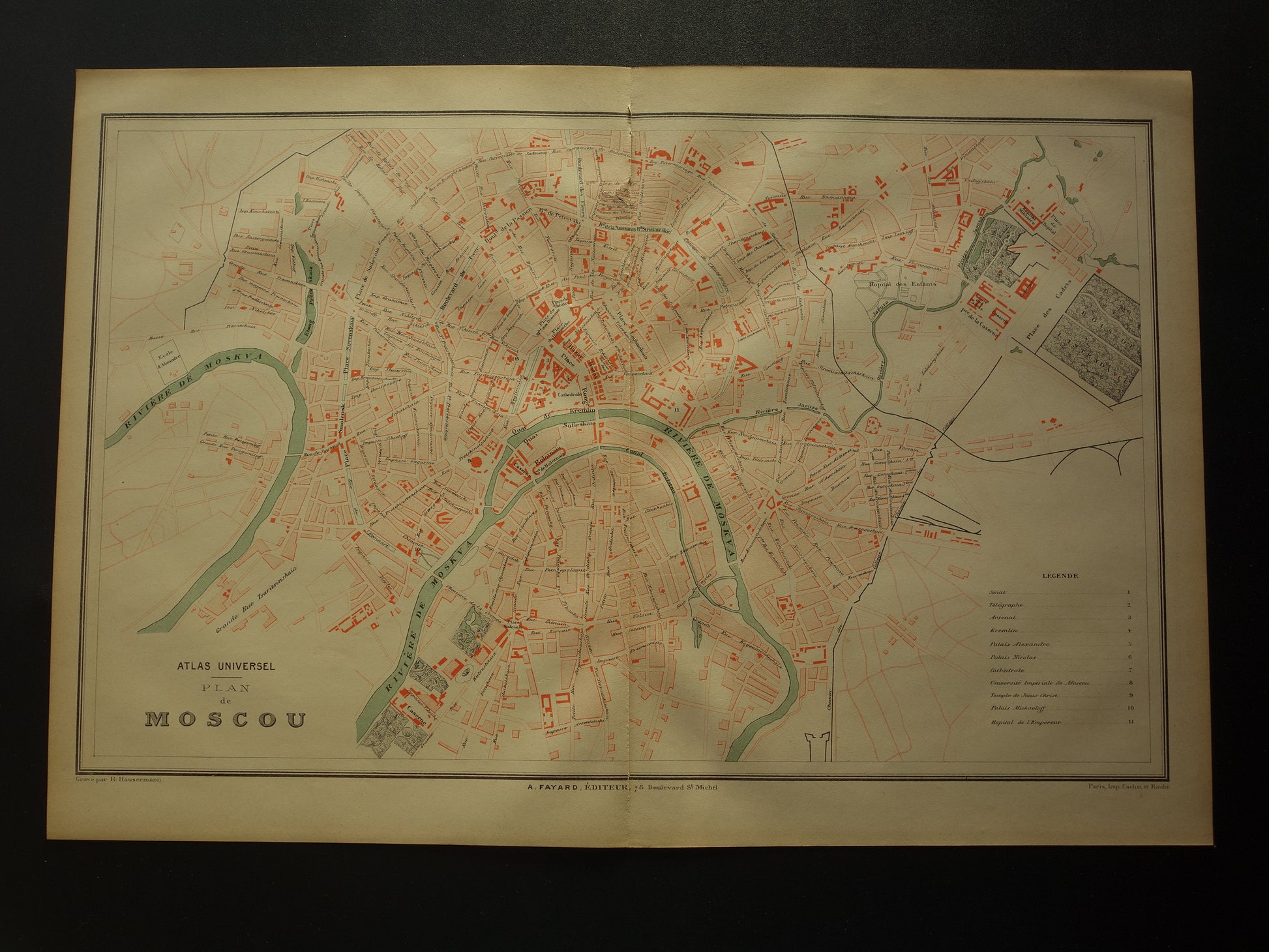 MOSKOU Oude kaart van Moskou Rusland uit 1879 - beschadigd - originele historische plattegrond antieke kaarten
