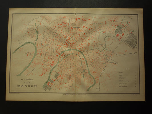 MOSKOU Oude kaart van Moskou Rusland uit 1879 - beschadigd - originele historische plattegrond antieke kaarten