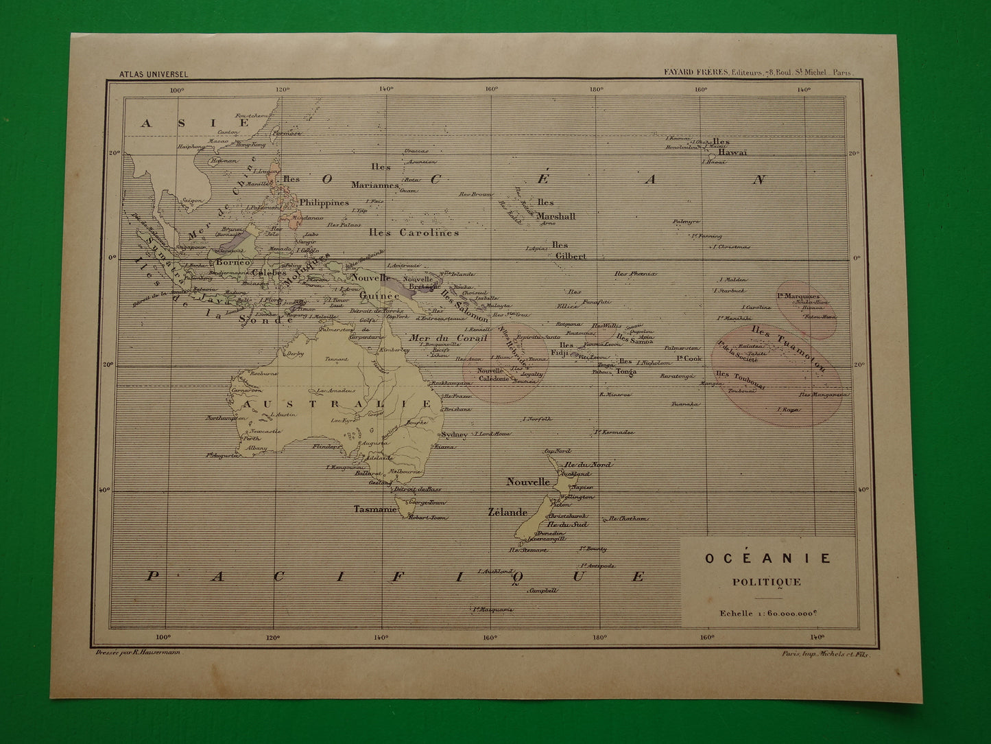 Old map of Oceania from 1896 original antique map Australia Indonesia New Zealand - French hand colored map