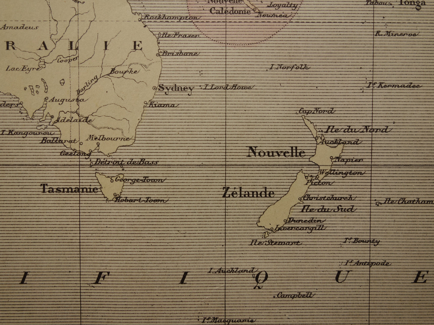 Old map of Oceania from 1896 original antique map Australia Indonesia New Zealand - French hand colored map