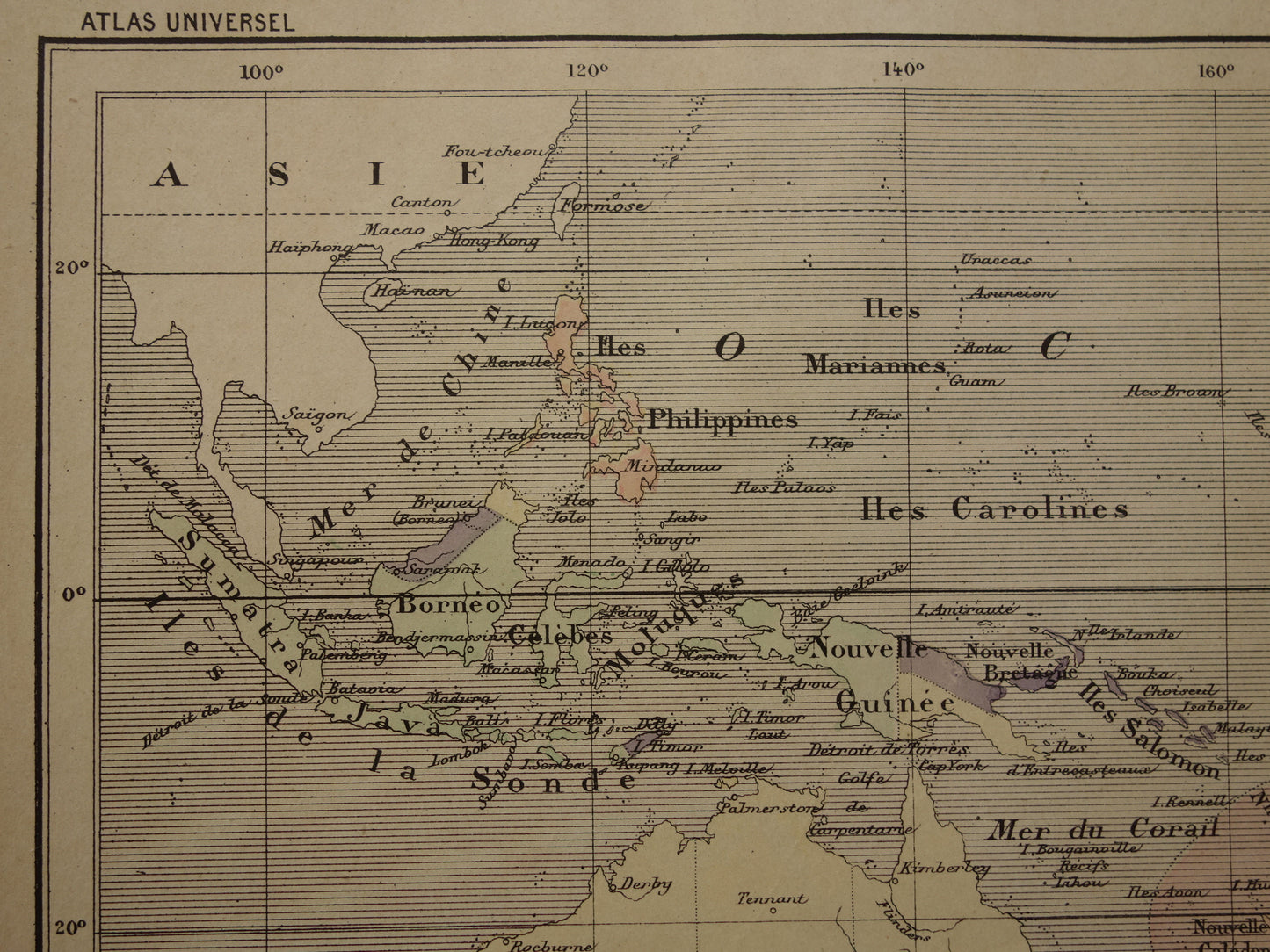 Old map of Oceania from 1896 original antique map Australia Indonesia New Zealand - French hand colored map