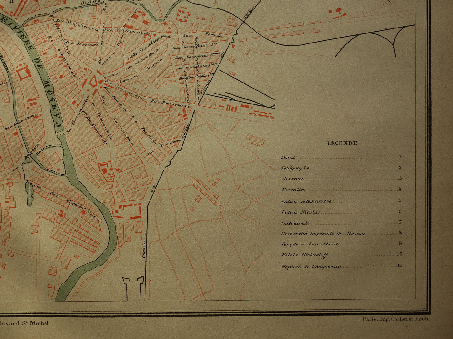 MOSCOW Old map of Moscow Russia from 1879 - damaged - original historical plan antique maps