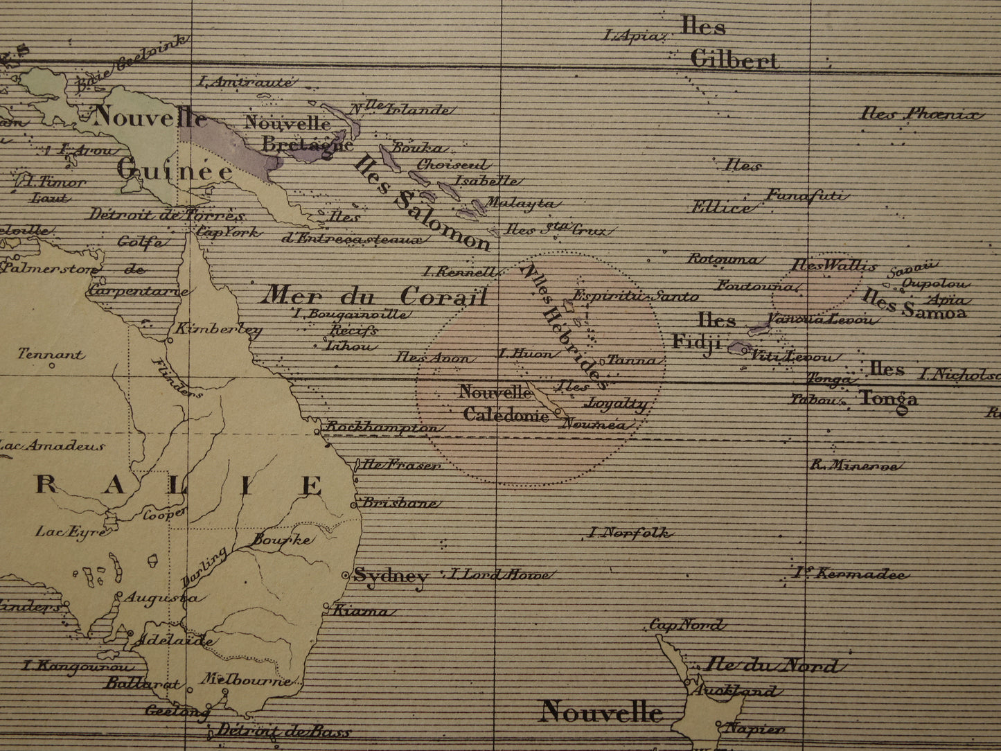 Old map of Oceania from 1896 original antique map Australia Indonesia New Zealand - French hand colored map