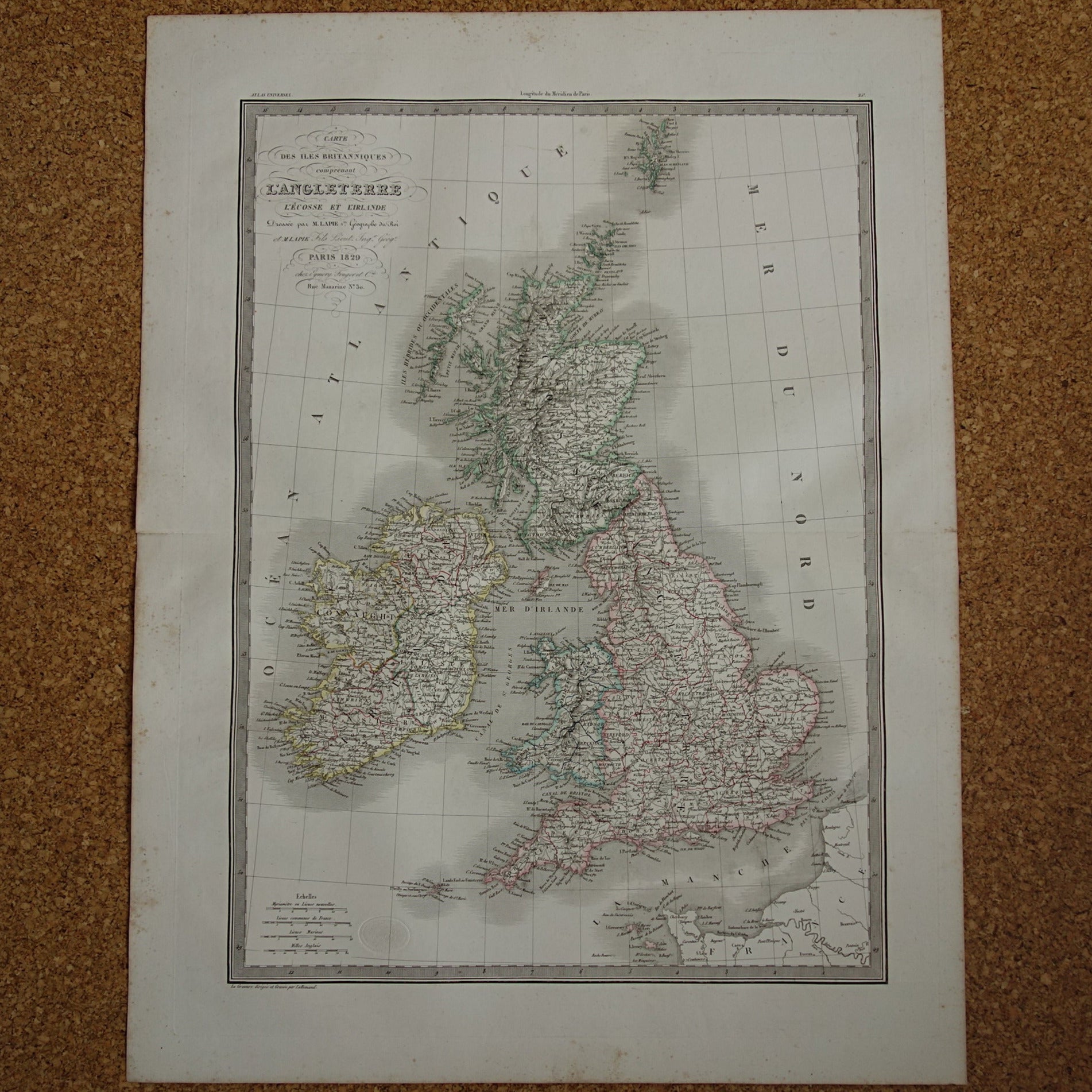 Grote vintage landkaart van GROOT BRITTANIË en IERLAND 190+ jaar oude antieke Franse kaart Verenigd Koninkrijk