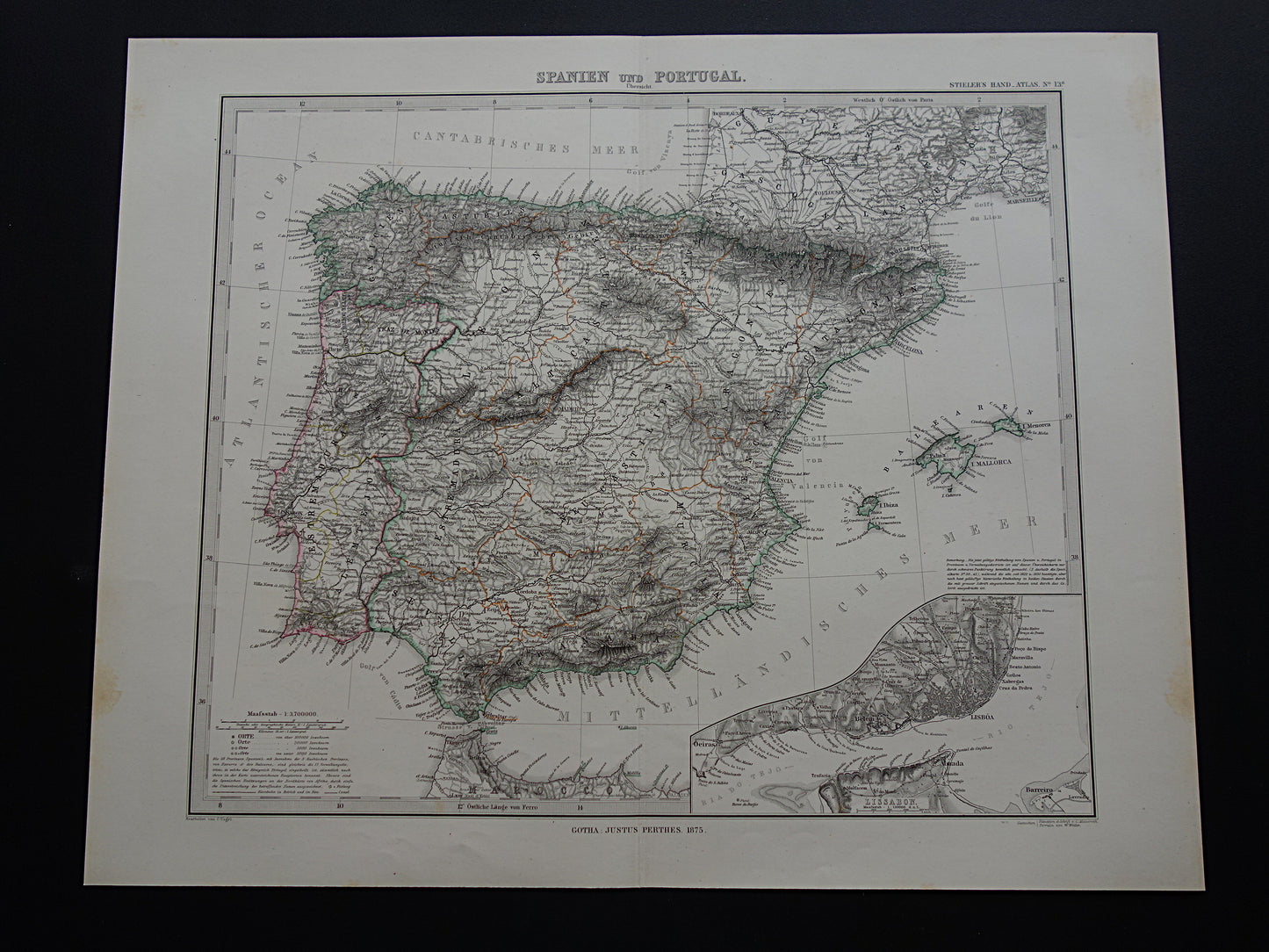 Oude kaart van Spanje en Portugal uit1875 originele antieke landkaart Lissabon - vintage kaarten met datum