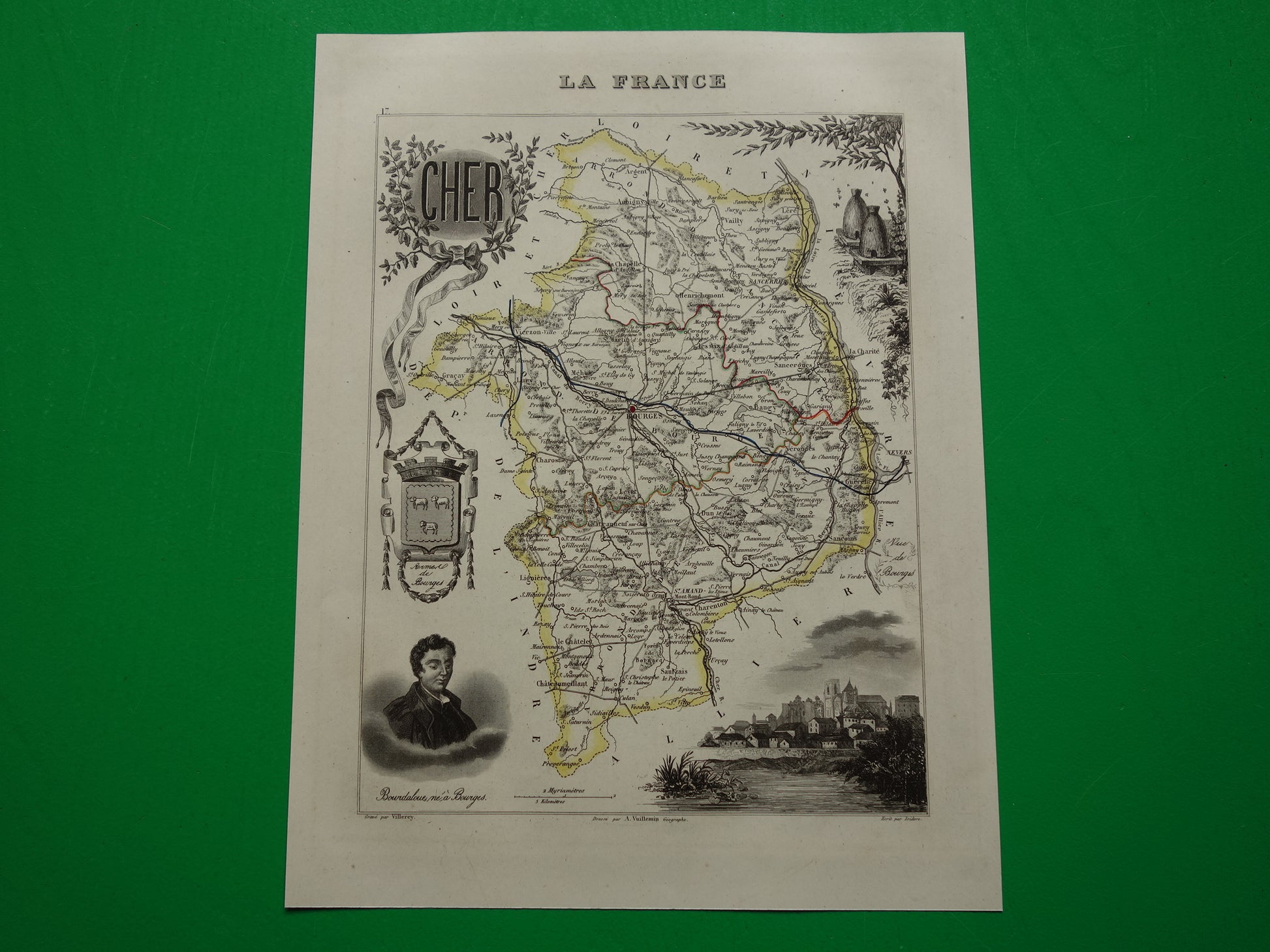Vintage kaart van Cher departement in Frankrijk uit 1851 originele oude antieke landkaart Bourges Vierzon Baugy